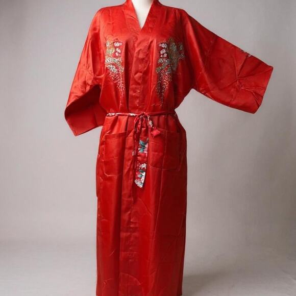 Vintage Red Satin Kimono Robe Embroidered Cranes Fans Floral Belted Long Gown - Picture 12 of 14